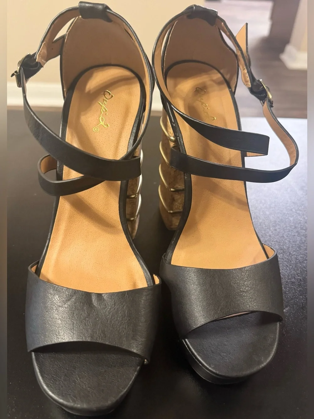 Qupid Black Platform Sandals with Cork Block Heel and Gold Accents